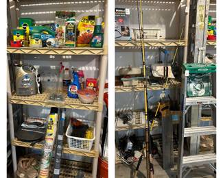 Lawn and garden supplies, fishing cane poles, ladders, tools