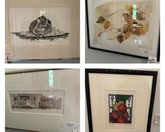 Signed original cat drawing by Bonnie Mareno, Fall leaves watercolor by Charlotte Brady, Mahomet, Picked Fence watercolor by Charlotte Brady (signed), Mahomet, IL, "Gloriosa" signed by Jeanne Fingerhut