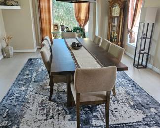 Eight foot long farmhouse/ Rustic dining table with eight parsons chairs