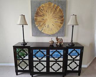 3 piece mirrored door console table. Large gold SANDDOLLAR painting