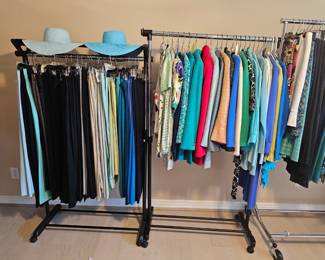 Suits, slacks and hats in the boutique