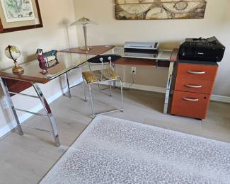 Office corner desk with chrome and glass, cherry wood