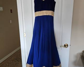Royal blue trimmed in gold evening dress