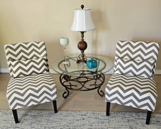 Pair of armless chairs with Chevron fabric