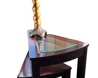 One of a pair of pie shaped dark wood end tables with glass inserts.  Has smaller table that swings side to side. NICE!