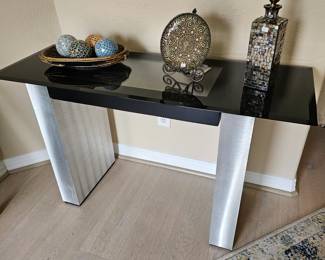 Fabulous brushed stainless steel cancel/ Foyer Table with  led Lights Under black glass.