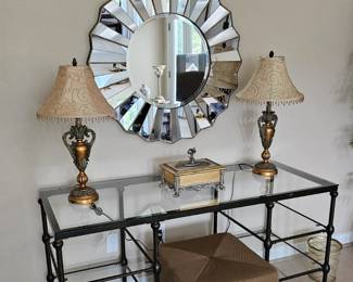 Glass and wrought iron vanity/desk.  Gold fabric ottoman on casters. FABULOUS STAR SHAPED Contemporary mirror.