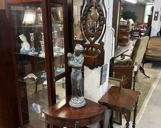 Corner Accent Table, Wall Clock, Curio Cabinet filled with smalls