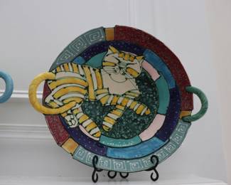 Juozas Rasa Saldaitis Pottery Large Whimsical Cat Plate Platter