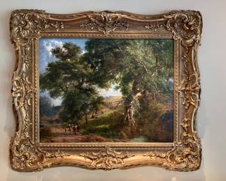 Original 19th Century oil on canvas pastoral landscape by John Berney Ladbrooke, English, 1803 - 1879.  Excellent condition.  Custom made, gold leafed, finished corner frame.