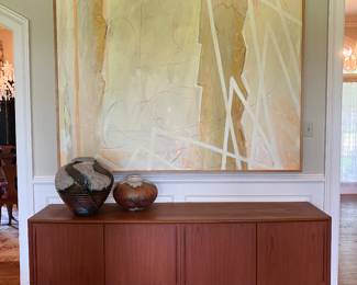 "Stalker's Light", Original oil on canvas by Chris Johns, American, MFA Stanford university, LSU instructor, 1952-2021.  Danish sideboard made by H. P. Hansen in excellent condition.