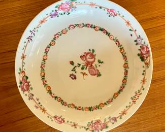 Chinese Export Famille Rose hand painted porcelain bowl, circa 1770, purchased from Henry Stern Antiques, New Orleans.  Original label on back 