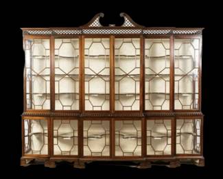 MONUMENTAL George III Chinese Chippendale style 20th century mahogany breakfront vitrine purchased from Manheim Galleries.  100" high by 120" wide by 18" deep