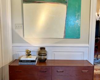 Abstract Original Oil on Canvas by Nancy Harris, American, Louisiana, born  1951.  Authentic Danish Modern Chest 