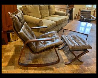 Authentic Ingmar Relling for Westnofa Bentwood Rosewood and Leather Siesta Rocker with Ottoman, circa 1960's from Norway