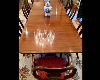 Baker Furniture “Collector’s Edition” double pedestal dining table with four leaves in mint condition 