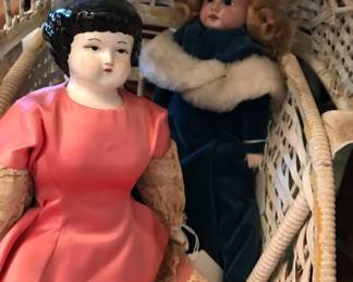 Antique porcelain and bisque dolls, clothes, antique doll furniture