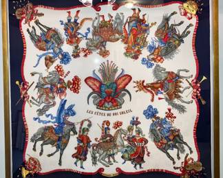 Authentic HERMES 100% silk scarf, "Les Fetes Du Roi Soleil", Paris, custom hand stitched mounted and framed.