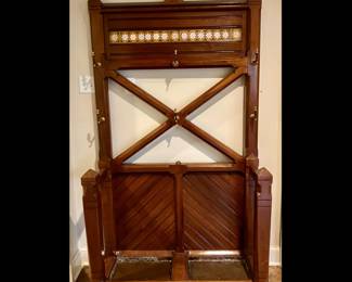 Monumental Arts and Crafts Period Antique Hall Tree with glazed tile decoration