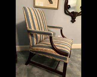 Authentic George III Mahogany Gainsborough Chair, late 18th Century, padded back, padded downswept arms, padded seat, H form stretcher, pristine vintage upholstery