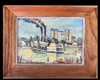 May Nasca, American, Louisiana, 1918-2004, Miniature original oil on board featuring the Baton Rouge Riverfront