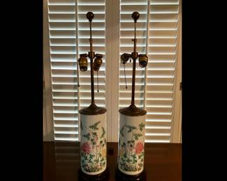 Pair of vintage custom made lamps featuring hand painted Chinese "Hat Stands"
