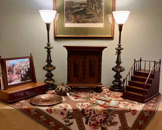 Pair of Stiffel brass lamps with original glass shades, antique shaving mirror, room sized needlepoint rug, hand colored lithograph 