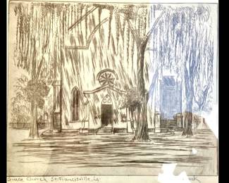 Etching of Grace Church, St. Francisville by James Carl Hancock, American, Arkansas, 1898-1966.  This is an extremely rare image by Hancock.
