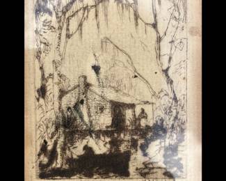 Miniature "Swamp Idyll" etching by Knute Heldner, Swedish, American, 1875-1952, pencil signed