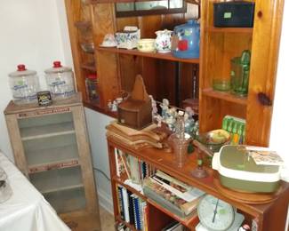 Tom's advertising cabinet and glass jars kitchen scale cookbooks Betty crocker Green Glass figurines