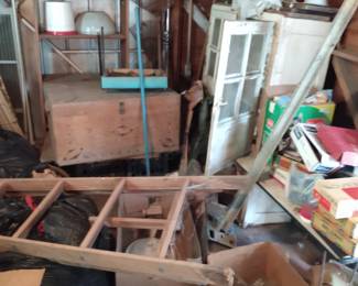 Vintage wooden ladder cabinets canning jars ball Atlas pale