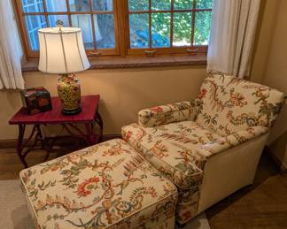 Vintage Floral Linen Upholstered Club Chair and Ottoman
