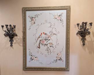 Chinese Hand Embroidery 76" X 56" Silk Tapestry, Tin Sconces