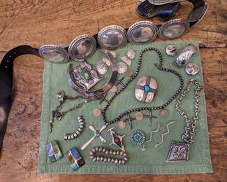 Sterling Silver Native American Squash Blossom Belt and other special pieces (many more not pictured)