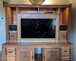 Hand Carved Entertainment Center with built in Samsung TV, Denon amplifier, Samsung blue ray, B+W speakers - one piece. 76" width, 72" height, 29" depth.