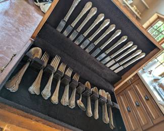 1941 Lunt Sterling Silver Modern Victorian Pattern 58 pieces plus case (also another set without the case and individual sterling silver serving pieces not pictured)