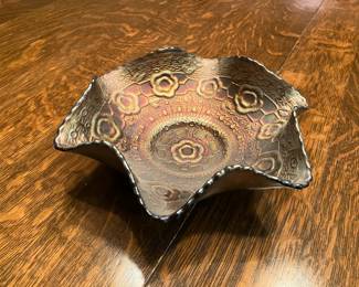 Fenton carnival glass ruffled bowl, cobalt "Captive Rose"