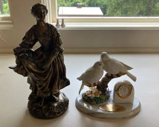 Bronze girl sculpture, porcelain bird clock