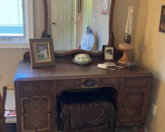Antique 1940's vanity with mirror and bench