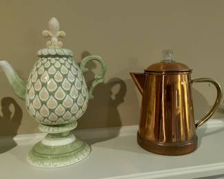 Porcelain teapot, copper teapot