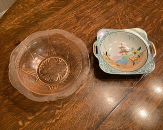 Pink depression glass bowl, oriental bowl