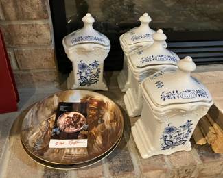 Don Ruffin plates, blue onion canister set