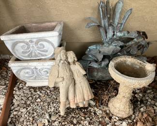 Concrete planters, small bird bath, copper fountain