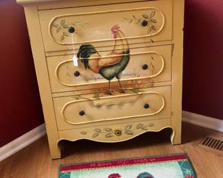 Rooster chest of drawers and rooster rug.