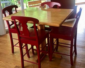John boos counter height solid maple butcher block table with 6 Sturbridge Yankee Workshop tall red chairs.