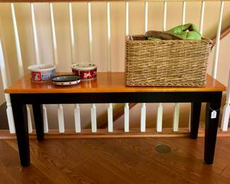 Bench, pet bowls and assorted pet toys and supplies.
