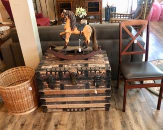 Antique Steamer Trunk, Vintage Wooden Rocking Horse, Basket and Chair.