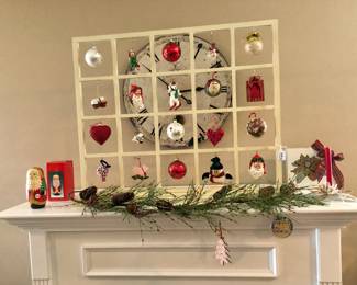 Christmas Stand for Ornaments, plus Inexpensive Ornaments sold Individually. Nesting Santas and poinsettia candle holder.