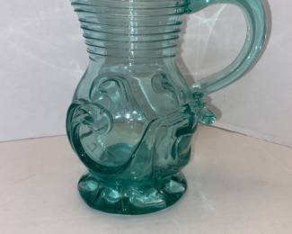 Vintage Liberty Village Aqua Wave Blown Glass Pitcher signed Douglas Merritt