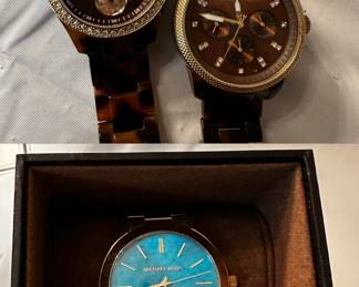 Fossil Stella Watch Brown Faux Tortoise Band, Michael Kors Runway Chronograph Acetate Watch, & Michael Kors Slim Runway Gold-Tone Watch with Turquoise Colored Dial
